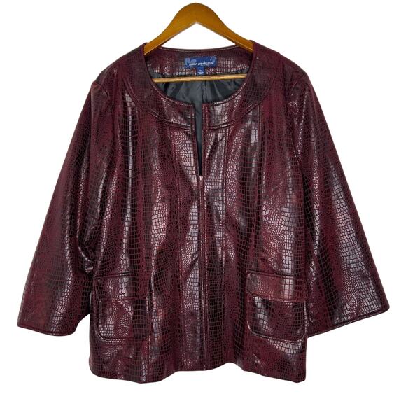 Susan Graver Faux Crocodile Jacket XL Burgundy Open Front Statement Style - Picture 1 of 7